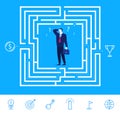 Vector business concept illustration. Businessman thinking how to pass the maze