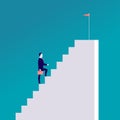 Vector business concept illustration with businessman walking up the stairs with flag on it isolated on blue background. Royalty Free Stock Photo