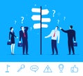 Vector business concept illustration. Businessmen and businesswomen standing at a crossroads.