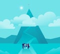 Vector business concept illustration with businessmen, women standing in front of mountain pic & watching on top.