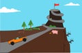 Vector business concept illustration with car climbing mountain to final destination point. successive steps to goal achievement.
