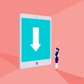 Vector business concept illustration with business lady standing in front of big tablet with arrow on its screen.