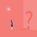 Vector business concept illustration with business lady standing isolated with question sign shadow shape on the wall.