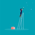 Vector business concept illustration with business lady standing on stairs and reaching star on the sky. Blue background.