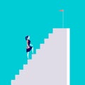 Vector business concept illustration with business lady walking up the stairs with flag on it isolated on blue background. Royalty Free Stock Photo