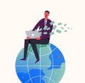 Vector business concept illustration. Stylized character sitiing on the globe. Earning money in the internet, freelance
