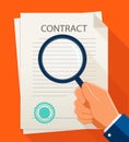Vector business contract and magnifier. Analyzing document.