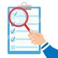 Vector business contract and magnifier. Checklist flat icon. Analyzing document