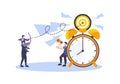 Vector business flat illustration with people workers. Concept of deadline and target management. Reaching goals with good