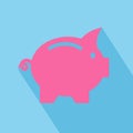 Vector business flat piggy bank icon with long shadow on blue ba