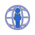 Vector business icon people standing next to a worldwide network. World global leadership cartoon style on white isolated