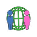 Vector business icon people standing next to a worldwide network. World global leadership cartoon style on white isolated
