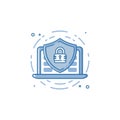 Vector business illustration of blue colors protection shield with lock and laptop icon in outline style.