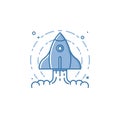 Vector business illustration of blue colors rocket ship icon in outline style. Royalty Free Stock Photo