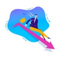 Vector business illustration, stylized character. Failed business sales concept. Man sliding down by the arrow, loosing