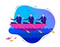 Vector business illustration, stylized characters. Successful teamwork concept, 3 businessmen rowing a boat Royalty Free Stock Photo