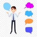 Vector Business Man Character with Colorful Talk Bubbles and Think Clouds. Royalty Free Stock Photo