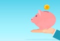 Vector of a business man hand holding pink piggy bank with dollar coin deposit Royalty Free Stock Photo