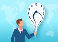 Vector of a business man holding a melting clock on a world map background