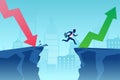 Vector of a business man jumping over a cliff to overcome financial crisis