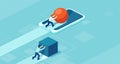 Vector of a business man pushing a sphere using mobile technology leading the race against a businessman pushing a box Royalty Free Stock Photo