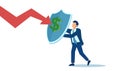 Vector of a business man with a shield with a dollar symbol protecting himself from bad economic times