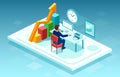 Vector of a business man or stock market trader working on computer at his office desk