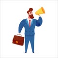 Vector business man with suitcase and megaphone Royalty Free Stock Photo