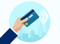 Vector of a business man using contactless way of payment with credit card