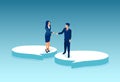 Vector of a man and a woman standing on a speech bubbles extending hands for a handshake