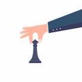 Vector business strategy concept in flat style. Male hand holding a chess figure isolated on white background. Management and