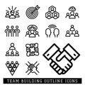 Vector illustration business team building people concept teambuilding work management outline trainings icons.