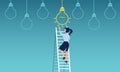 Vector of a business woman climbing up a ladder to reach bright idea light bulb on top Royalty Free Stock Photo