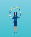 Vector of a business woman juggling dollar, alarm clock and light bulb icons