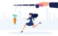 Vector of a business woman running towards a dangling carrot