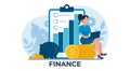 Vector of a business woman sitting on a pile of gold dollar coins reading financial statements