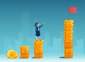 Vector of a business woman standing on a growing up stack of coins thinking how to  achieve top financial goals Royalty Free Stock Photo