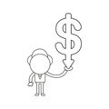 Vector businessman character holding dollar arrow moving down. Black outline Royalty Free Stock Photo