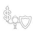 Vector businessman character holding dollar with arrow moving up and guard shield. Black outline Royalty Free Stock Photo