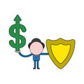 Vector businessman character holding dollar with arrow moving up and guard shield. Color and black outlines Royalty Free Stock Photo