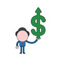 Vector businessman character holding dollar symbol with arrow moving up. Color and black outlines Royalty Free Stock Photo