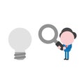 Vector businessman character holding magnifying glass and looking glowing light bulb Royalty Free Stock Photo