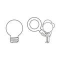 Vector businessman character holding magnifying glass and looking light bulb. Black outline Royalty Free Stock Photo