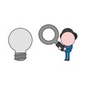 Vector businessman character holding magnifying glass and looking light bulb. Color and black outlines Royalty Free Stock Photo