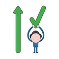 Vector businessman character holding up check mark with arrow moving up. Color and black outlines