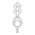 Vector businessman character holding up dollar arrow moving down. Black outline Royalty Free Stock Photo