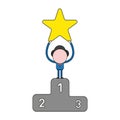 Vector businessman character holding up star on first place of podium. Color and black outlines