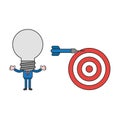 Vector businessman character with light bulb head and dart miss the mark on bulls eye. Color and black outlines