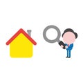 Vector businessman character looking magnifying glass to house