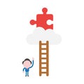 Vector businessman character pointing missing jigsaw puzzle piece on cloud to reach with wooden ladder Royalty Free Stock Photo